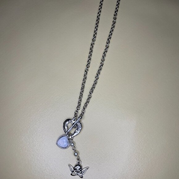 Silver Tone Angel Charm Necklace with Heart Toggle & Faux Pearl Drop - Picture 4 of 4